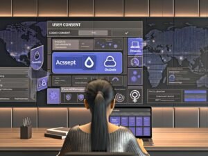 Marketer arbeitet an Laptop mit fortschrittlichem Cookie-Consent-Banner, Website-Traffic-Dashboard und Consent-Management-Plattform mit Kategorien für Essentiell, Statistik und Marketing vor DSGVO- und TTDSG-Dokumenten.