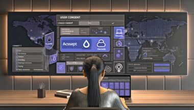 Marketer arbeitet an Laptop mit fortschrittlichem Cookie-Consent-Banner, Website-Traffic-Dashboard und Consent-Management-Plattform mit Kategorien für Essentiell, Statistik und Marketing vor DSGVO- und TTDSG-Dokumenten.