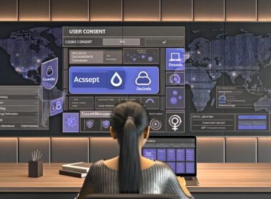 Marketer arbeitet an Laptop mit fortschrittlichem Cookie-Consent-Banner, Website-Traffic-Dashboard und Consent-Management-Plattform mit Kategorien für Essentiell, Statistik und Marketing vor DSGVO- und TTDSG-Dokumenten.