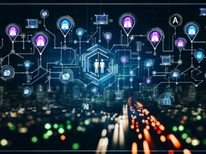 Titelbild mit moderner Großstadtlandschaft, leuchtenden digitalen Customer-Touchpoints, Marketern zwischen Datenströmen und Geräten wie Smartphone, Tablet, Desktop, Smart TV. Im Hintergrund Analytics-Dashboards, Conversion-Rates und Symbole für Datenlecks.