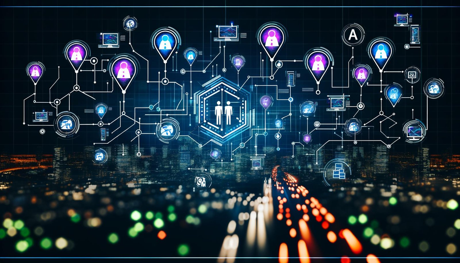 Titelbild mit moderner Großstadtlandschaft, leuchtenden digitalen Customer-Touchpoints, Marketern zwischen Datenströmen und Geräten wie Smartphone, Tablet, Desktop, Smart TV. Im Hintergrund Analytics-Dashboards, Conversion-Rates und Symbole für Datenlecks.