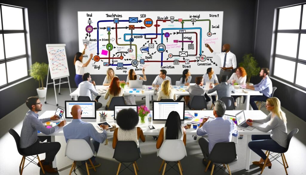 Digitales Marketing-Team diskutiert vor Whiteboard mit Customer Journey Diagramm, umgeben von Laptops, Heatmaps und Analytics-Dashboards in moderner Agentur.