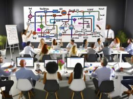 Digitales Marketing-Team diskutiert vor Whiteboard mit Customer Journey Diagramm, umgeben von Laptops, Heatmaps und Analytics-Dashboards in moderner Agentur.