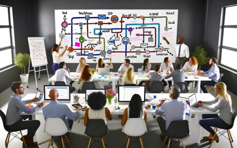Digitales Marketing-Team diskutiert vor Whiteboard mit Customer Journey Diagramm, umgeben von Laptops, Heatmaps und Analytics-Dashboards in moderner Agentur.