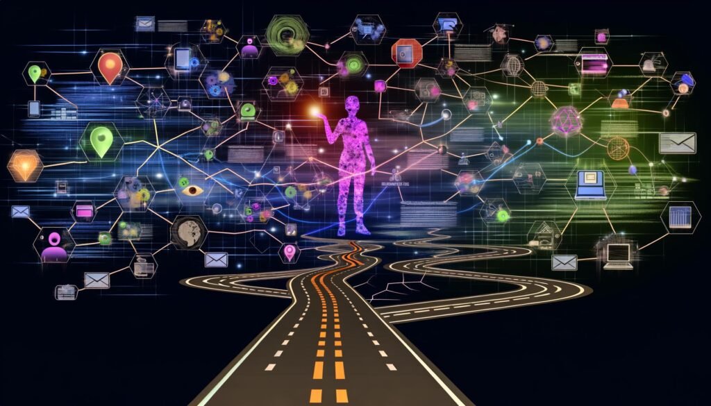 Illustration einer komplexen digitalen Customer Journey mit Karte, Touchpoints, Datenströmen und Analyse-Elementen. Im Zentrum eine abstrahierte Person mit Smartphone, Tablet und Laptop, umgeben von Icons für Social Media, E-Mail, Website und Offline-Shop.
