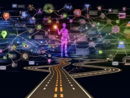 Illustration einer komplexen digitalen Customer Journey mit Karte, Touchpoints, Datenströmen und Analyse-Elementen. Im Zentrum eine abstrahierte Person mit Smartphone, Tablet und Laptop, umgeben von Icons für Social Media, E-Mail, Website und Offline-Shop.