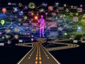 Illustration einer komplexen digitalen Customer Journey mit Karte, Touchpoints, Datenströmen und Analyse-Elementen. Im Zentrum eine abstrahierte Person mit Smartphone, Tablet und Laptop, umgeben von Icons für Social Media, E-Mail, Website und Offline-Shop.