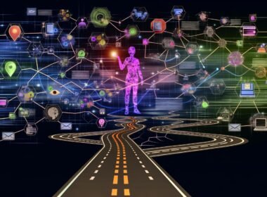 Illustration einer komplexen digitalen Customer Journey mit Karte, Touchpoints, Datenströmen und Analyse-Elementen. Im Zentrum eine abstrahierte Person mit Smartphone, Tablet und Laptop, umgeben von Icons für Social Media, E-Mail, Website und Offline-Shop.