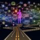 Illustration einer komplexen digitalen Customer Journey mit Karte, Touchpoints, Datenströmen und Analyse-Elementen. Im Zentrum eine abstrahierte Person mit Smartphone, Tablet und Laptop, umgeben von Icons für Social Media, E-Mail, Website und Offline-Shop.