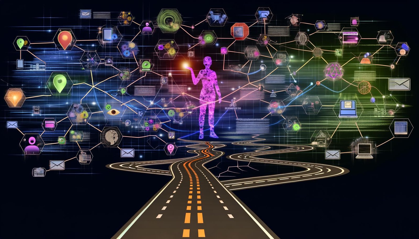 Illustration einer komplexen digitalen Customer Journey mit Karte, Touchpoints, Datenströmen und Analyse-Elementen. Im Zentrum eine abstrahierte Person mit Smartphone, Tablet und Laptop, umgeben von Icons für Social Media, E-Mail, Website und Offline-Shop.