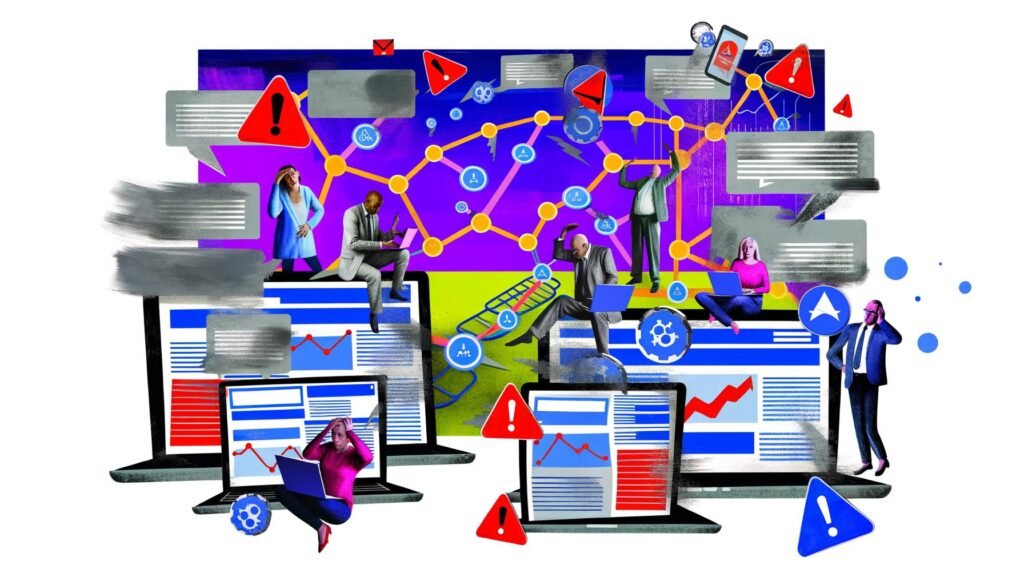 Kritische Editorial-Illustration: Marketers analysieren verworrene, fragmentierte digitale Customer Journey über mehrere Geräte mit Datennebel und fehlerhaften Dashboards.