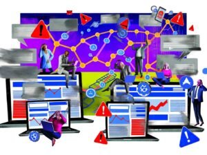 Kritische Editorial-Illustration: Marketers analysieren verworrene, fragmentierte digitale Customer Journey über mehrere Geräte mit Datennebel und fehlerhaften Dashboards.
