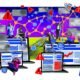 Kritische Editorial-Illustration: Marketers analysieren verworrene, fragmentierte digitale Customer Journey über mehrere Geräte mit Datennebel und fehlerhaften Dashboards.