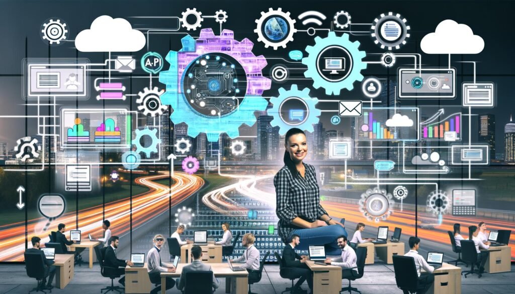 Online-Shop-Betreiber im Zentrum einer energiegeladenen Collage, umgeben von Icons für E-Commerce-Workflows wie API, Zahnräder und Dashboards in einem modernen Büro.