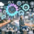 Online-Shop-Betreiber im Zentrum einer energiegeladenen Collage, umgeben von Icons für E-Commerce-Workflows wie API, Zahnräder und Dashboards in einem modernen Büro.