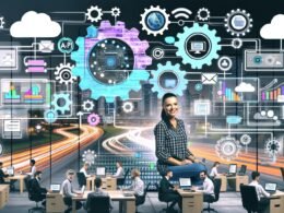 Online-Shop-Betreiber im Zentrum einer energiegeladenen Collage, umgeben von Icons für E-Commerce-Workflows wie API, Zahnräder und Dashboards in einem modernen Büro.