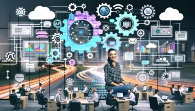 Online-Shop-Betreiber im Zentrum einer energiegeladenen Collage, umgeben von Icons für E-Commerce-Workflows wie API, Zahnräder und Dashboards in einem modernen Büro.