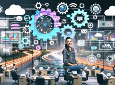 Online-Shop-Betreiber im Zentrum einer energiegeladenen Collage, umgeben von Icons für E-Commerce-Workflows wie API, Zahnräder und Dashboards in einem modernen Büro.