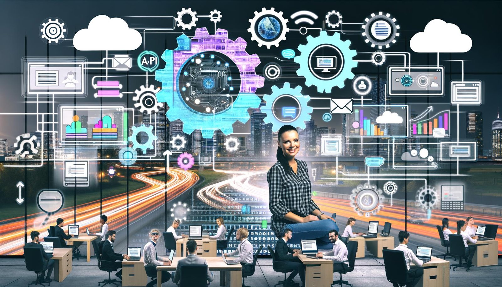 Online-Shop-Betreiber im Zentrum einer energiegeladenen Collage, umgeben von Icons für E-Commerce-Workflows wie API, Zahnräder und Dashboards in einem modernen Büro.