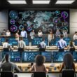 Mehrere Analystinnen und Analysten untersuchen in einem futuristischen Büro an leuchtenden Bildschirmen diverse Visualisierungen von Customer Journeys wie Touchpoint-Maps, Conversion-Funnels und Multi-Channel-Flows.