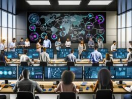 Mehrere Analystinnen und Analysten untersuchen in einem futuristischen Büro an leuchtenden Bildschirmen diverse Visualisierungen von Customer Journeys wie Touchpoint-Maps, Conversion-Funnels und Multi-Channel-Flows.