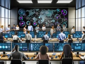Mehrere Analystinnen und Analysten untersuchen in einem futuristischen Büro an leuchtenden Bildschirmen diverse Visualisierungen von Customer Journeys wie Touchpoint-Maps, Conversion-Funnels und Multi-Channel-Flows.