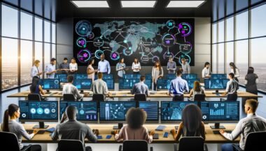Mehrere Analystinnen und Analysten untersuchen in einem futuristischen Büro an leuchtenden Bildschirmen diverse Visualisierungen von Customer Journeys wie Touchpoint-Maps, Conversion-Funnels und Multi-Channel-Flows.