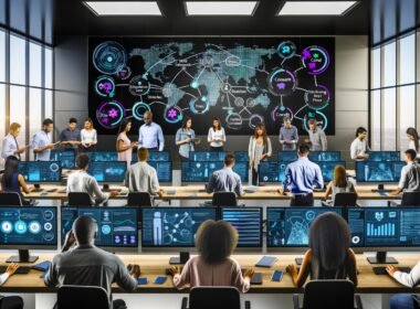 Mehrere Analystinnen und Analysten untersuchen in einem futuristischen Büro an leuchtenden Bildschirmen diverse Visualisierungen von Customer Journeys wie Touchpoint-Maps, Conversion-Funnels und Multi-Channel-Flows.