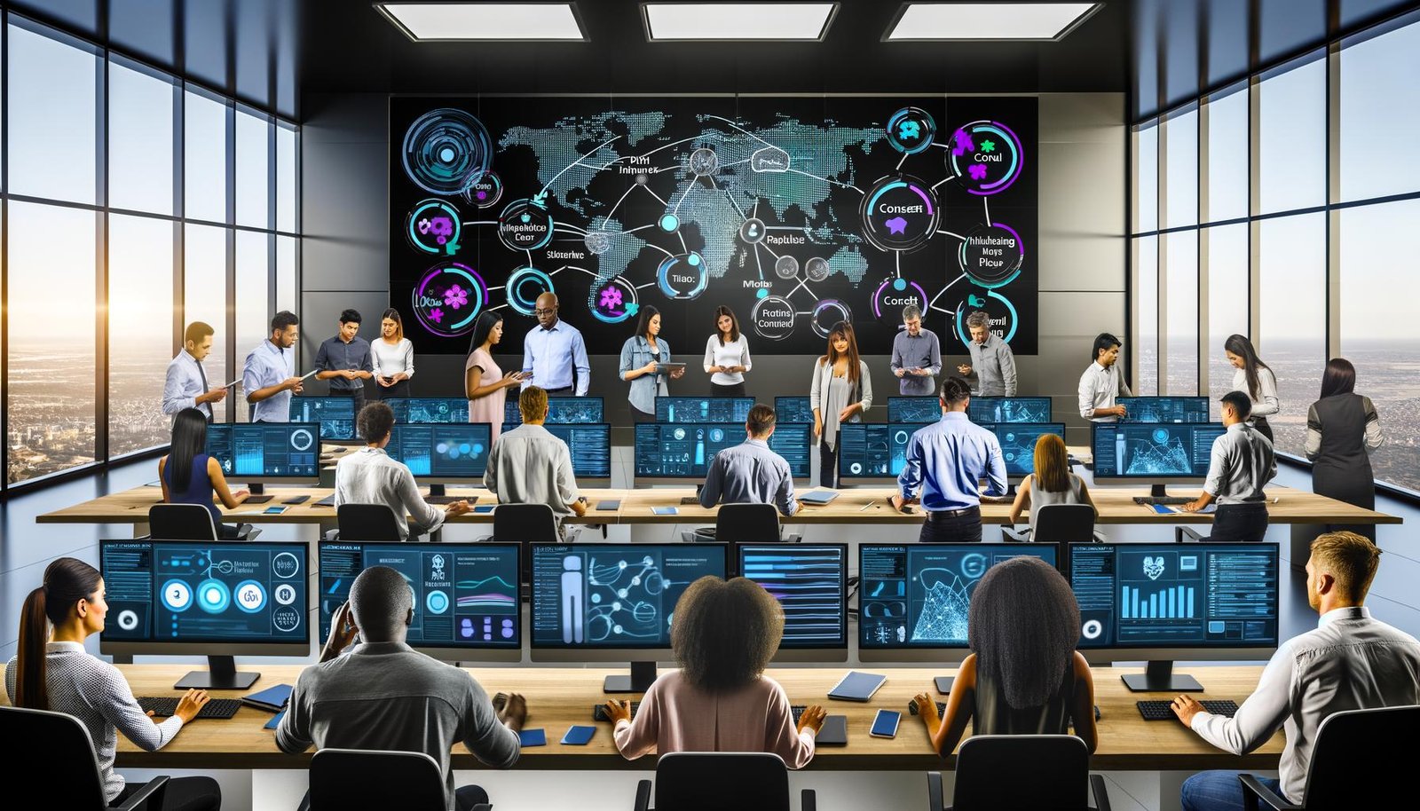 Mehrere Analystinnen und Analysten untersuchen in einem futuristischen Büro an leuchtenden Bildschirmen diverse Visualisierungen von Customer Journeys wie Touchpoint-Maps, Conversion-Funnels und Multi-Channel-Flows.