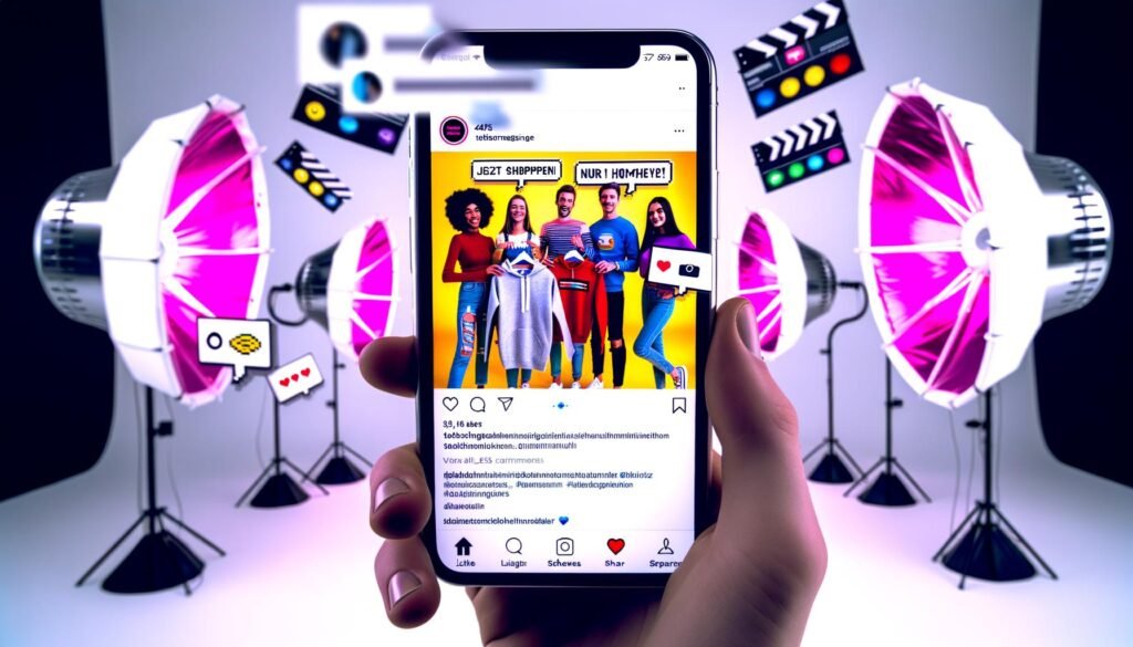 Vertikales Smartphone mit dynamischem Instagram Reel: Junge, vielfältige Creator präsentieren trendige Produkte im Studio mit auffälligen Texten und viralen Interaktionen.