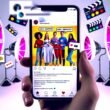 Vertikales Smartphone mit dynamischem Instagram Reel: Junge, vielfältige Creator präsentieren trendige Produkte im Studio mit auffälligen Texten und viralen Interaktionen.