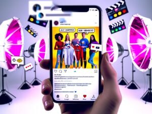 Vertikales Smartphone mit dynamischem Instagram Reel: Junge, vielfältige Creator präsentieren trendige Produkte im Studio mit auffälligen Texten und viralen Interaktionen.