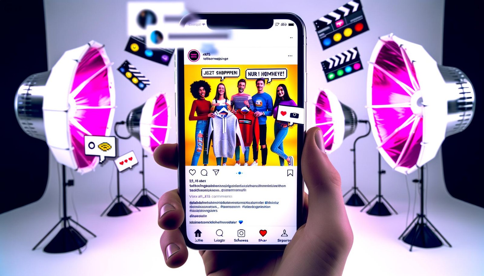 Vertikales Smartphone mit dynamischem Instagram Reel: Junge, vielfältige Creator präsentieren trendige Produkte im Studio mit auffälligen Texten und viralen Interaktionen.