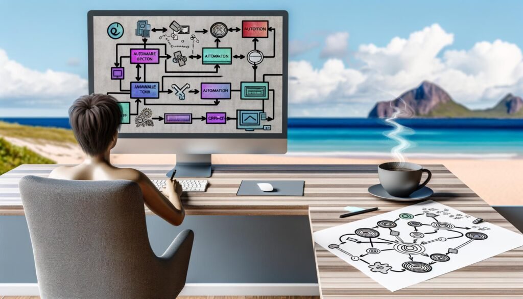 Eine etwa 30-jährige, geschlechtsneutrale Person arbeitet an einem Schreibtisch im modernen Homeoffice an Automatisierungs-Workflows mit bekannten Tools auf dem Bildschirm, flankiert von Kaffeetasse, Notizen und einer Strandtapete im Hintergrund.