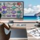 Eine etwa 30-jährige, geschlechtsneutrale Person arbeitet an einem Schreibtisch im modernen Homeoffice an Automatisierungs-Workflows mit bekannten Tools auf dem Bildschirm, flankiert von Kaffeetasse, Notizen und einer Strandtapete im Hintergrund.