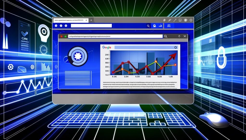 Dynamische Darstellung eines Computer-Desktops mit geöffneten Browser-Tabs, die SEO-Rankings, Ladezeiten, Core Web Vitals und Backlinks visualisieren. Im Vordergrund klettert eine Website dank gezielter Optimierung im Suchmaschinen-Ranking nach oben.