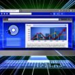 Dynamische Darstellung eines Computer-Desktops mit geöffneten Browser-Tabs, die SEO-Rankings, Ladezeiten, Core Web Vitals und Backlinks visualisieren. Im Vordergrund klettert eine Website dank gezielter Optimierung im Suchmaschinen-Ranking nach oben.