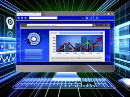 Dynamische Darstellung eines Computer-Desktops mit geöffneten Browser-Tabs, die SEO-Rankings, Ladezeiten, Core Web Vitals und Backlinks visualisieren. Im Vordergrund klettert eine Website dank gezielter Optimierung im Suchmaschinen-Ranking nach oben.