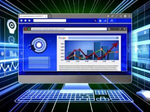 Dynamische Darstellung eines Computer-Desktops mit geöffneten Browser-Tabs, die SEO-Rankings, Ladezeiten, Core Web Vitals und Backlinks visualisieren. Im Vordergrund klettert eine Website dank gezielter Optimierung im Suchmaschinen-Ranking nach oben.