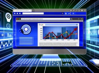 Dynamische Darstellung eines Computer-Desktops mit geöffneten Browser-Tabs, die SEO-Rankings, Ladezeiten, Core Web Vitals und Backlinks visualisieren. Im Vordergrund klettert eine Website dank gezielter Optimierung im Suchmaschinen-Ranking nach oben.