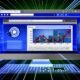 Dynamische Darstellung eines Computer-Desktops mit geöffneten Browser-Tabs, die SEO-Rankings, Ladezeiten, Core Web Vitals und Backlinks visualisieren. Im Vordergrund klettert eine Website dank gezielter Optimierung im Suchmaschinen-Ranking nach oben.