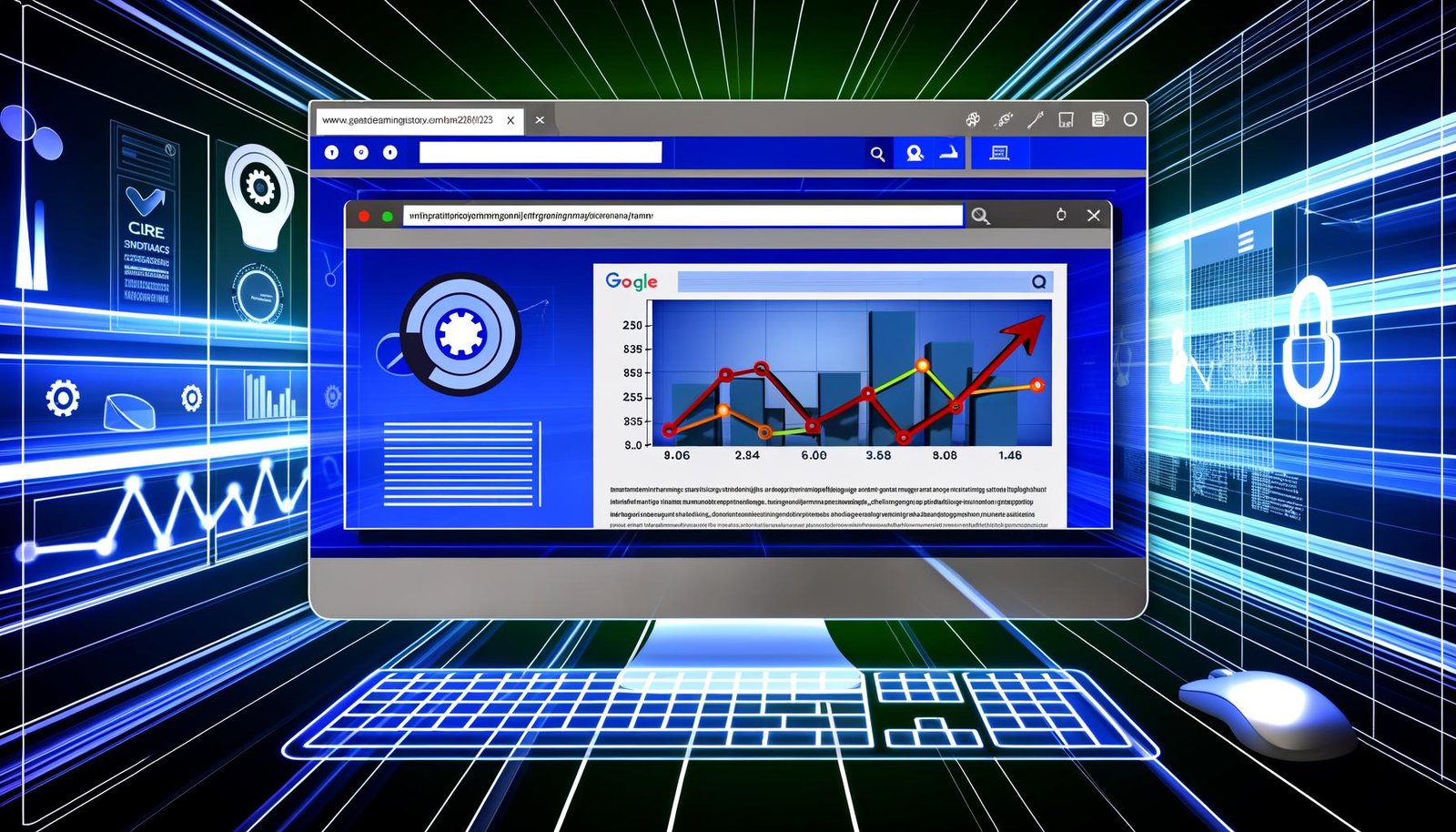 Dynamische Darstellung eines Computer-Desktops mit geöffneten Browser-Tabs, die SEO-Rankings, Ladezeiten, Core Web Vitals und Backlinks visualisieren. Im Vordergrund klettert eine Website dank gezielter Optimierung im Suchmaschinen-Ranking nach oben.