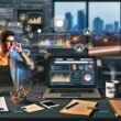 Dynamische Illustration eines jungen Entrepreneurs im urbanen Home-Office, mit Technik, Statistiken und Coffee-to-go Becher in kreativer Arbeitsumgebung, inspiriert vom Online-Hustle 2025.