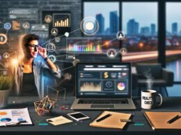 Dynamische Illustration eines jungen Entrepreneurs im urbanen Home-Office, mit Technik, Statistiken und Coffee-to-go Becher in kreativer Arbeitsumgebung, inspiriert vom Online-Hustle 2025.