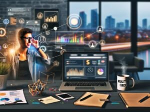 Dynamische Illustration eines jungen Entrepreneurs im urbanen Home-Office, mit Technik, Statistiken und Coffee-to-go Becher in kreativer Arbeitsumgebung, inspiriert vom Online-Hustle 2025.