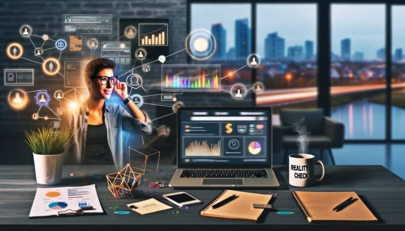 Dynamische Illustration eines jungen Entrepreneurs im urbanen Home-Office, mit Technik, Statistiken und Coffee-to-go Becher in kreativer Arbeitsumgebung, inspiriert vom Online-Hustle 2025.