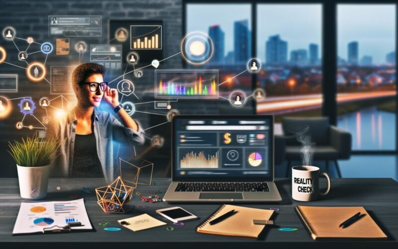 Dynamische Illustration eines jungen Entrepreneurs im urbanen Home-Office, mit Technik, Statistiken und Coffee-to-go Becher in kreativer Arbeitsumgebung, inspiriert vom Online-Hustle 2025.