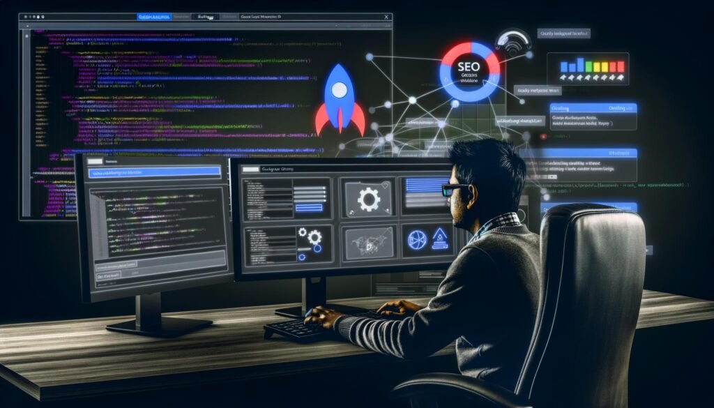 Webentwickler vor großem Monitor mit Joomla-SEO-Tools, dunkles Admin-Interface, SEO-freundliche URL-Einstellungen, Core Web Vitals und Google-Ranking-Anzeige im Hintergrund, umgeben von technischen Symbolen.