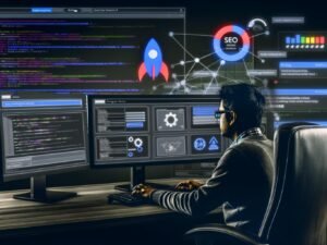 Webentwickler vor großem Monitor mit Joomla-SEO-Tools, dunkles Admin-Interface, SEO-freundliche URL-Einstellungen, Core Web Vitals und Google-Ranking-Anzeige im Hintergrund, umgeben von technischen Symbolen.