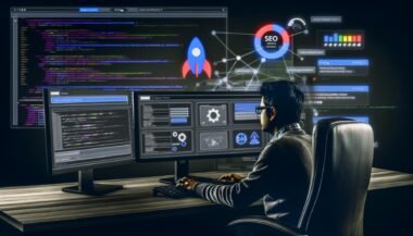 Webentwickler vor großem Monitor mit Joomla-SEO-Tools, dunkles Admin-Interface, SEO-freundliche URL-Einstellungen, Core Web Vitals und Google-Ranking-Anzeige im Hintergrund, umgeben von technischen Symbolen.